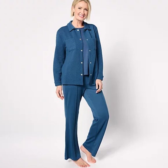 MUK LUKS 3-Piece Quilted Shacket, L/S Top, Pants, Lounge Set Denim Blue P1X NWT - Picture 1 of 2